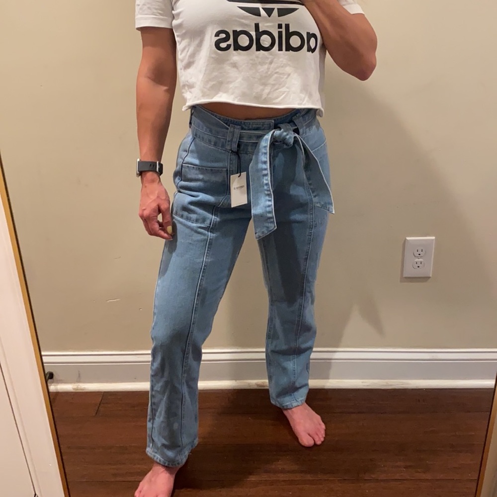 Forever 21 High Waist Tie Waist Straight Leg Jeans
